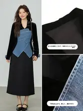春新作の大きいサイズ女性用コーディネート【体型カバー・デニムパッチワークデザ イン】（セットアップ対応）