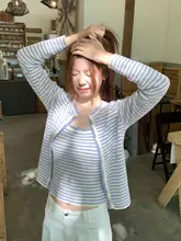 春用の薄手ストライプニットカーディガン【韓国風・短丈・女性用】（セットアップ対応）