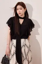 女性用Vネック飄帯シフォンシャツ【大きいサイズ・夏用・軽量・透湿・短袖】