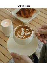 WENSHUO 陶製コーヒーカップとソーサーセット【クリーム色・シンプルデザイン・オフィス用】