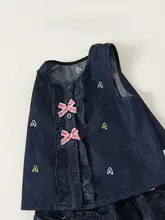 夏用レトロ個性的な子供用デニムセット【リボン付きタンクトップ・刺繍Aラインスカート】（セットアップ対応）