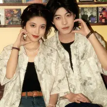 レトロなデザイン！レーストリム付き半袖シャツ【夏用・男女兼用・した雰囲気】（セットアップ対応）