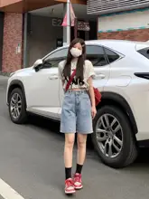 ヴィンテージ風ブルー デニムショートパンツ【ハイウエスト・ワイドレッグ・Aライン】