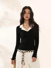 春向きのVネック長袖Tシャツ【コントラストカラー・フィット感・女性用・洗練されたデザイン】（セットアップ対応）