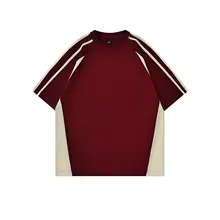 酒紅色のカラーブロック コットン半袖Tシャツ【アメリカンスタイル・ルーズフィット・ラグランスリーブ】