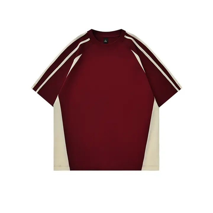 酒紅色のカラーブロック コットン半袖Tシャツ【アメリカンスタイル・ルーズフィット・ラグランスリーブ】