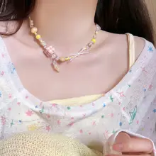 夏の日にぴったり！レモンイエローのリボンデザインビーズネックレス【デコレーション用・デコラティブ】