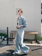 港風レトロ秋コーデ！デニムジャケットとレース付きワイドパンツ【ファッション・ふんわりしたデザイン】（セットアップ対応）
