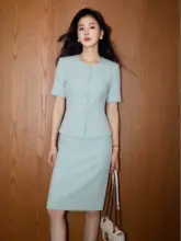 薄荷マンボ湖ブルーの半袖ワンピース【女性用・エレガントな職業制服・フォーマル】（セットアップ対応）