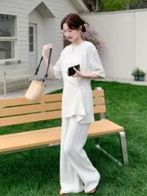 スタイル白のリボン付きトップス【夏用・質感のあるワイドパンツ】（セットアップ対応）