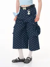 美式レトロドット柄ワイドレッグカジュアルパンツ【深いブルー・七分丈】