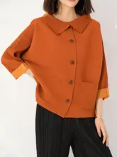 デザイン性のあるバイカラー袖口の厚手プリーツカーディガン【七分袖・女性用】