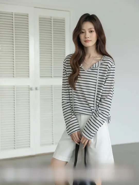 カラー切替ストライプ長袖Tシャツ【ゆったりシルエット・襟付き・防晒機能・女性用】