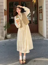 春秋用エレガントなロングドレスとベストのコーディネート（セットアップ対応）