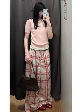 アメリカンレトロチェック柄カジュアルパンツ【ゆったりしたフィット・春夏用・レディース】