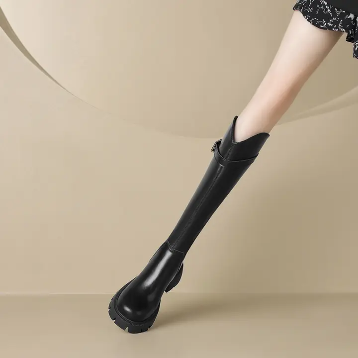 本革Vカットロングブーツ【加毛・厚底・粗ヒール・秋冬用】