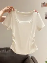 女性用アーチヘムウエスト絞り短袖Tシャツ【夏用・フレンチスタイル・スクエアネック】