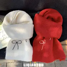 極上の柔らかさの刺繍入りニットスカーフ【リボンデザイン・秋冬用・保温性・女性用】