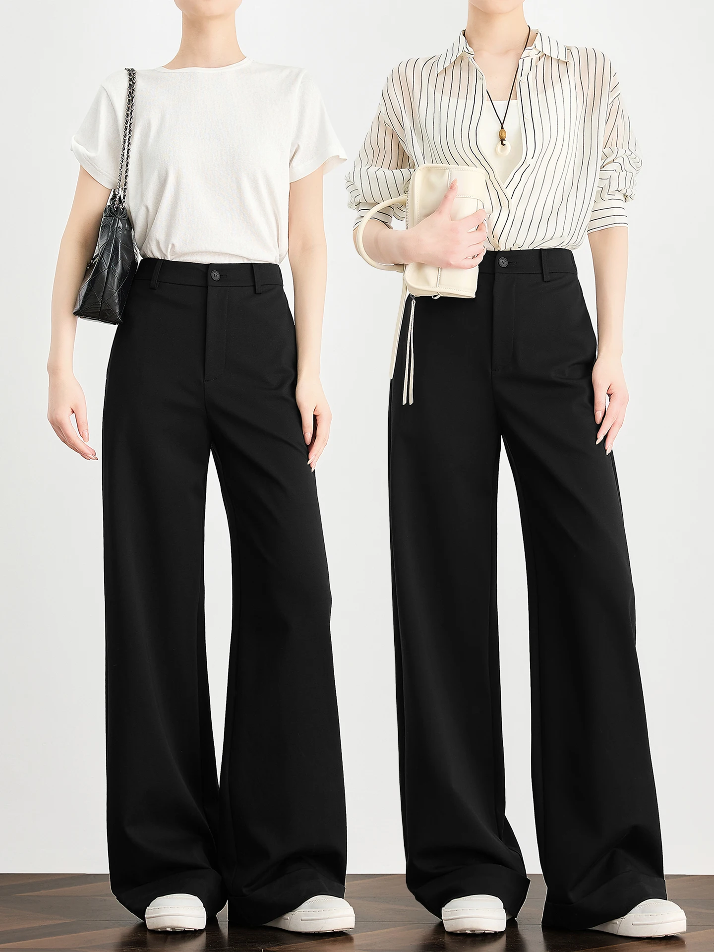 黒のテンセル製スーツパンツ：高腰・ドレープ感・ワイドレッグの日常通勤スタイル