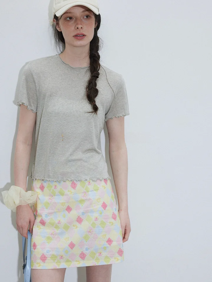 水彩プリントチェック柄Aラインスカート【夏用・高腰・体型カバー】（セットアップ対応）