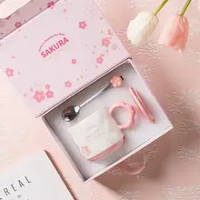 かわいい桜柄セラミックマグカップ【蓋付き・スプーン付き・オフィスや自宅用・ギフトボックス入り】