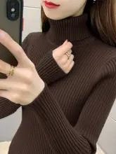 グレー高ネックリブ編み長袖トップス【厚手・長袖】