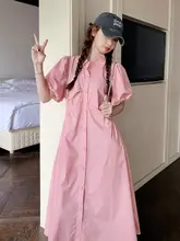 ピンクのポロ襟シャツワンピース【夏用・フレンチスタイル・バルーンスリーブ・体型カバー】