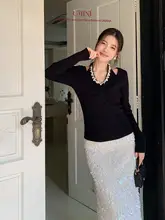 輝くビーズのハイネックニットセーター【優雅なツイストデザイン・フランス風・女性用】（セットアップ対応）