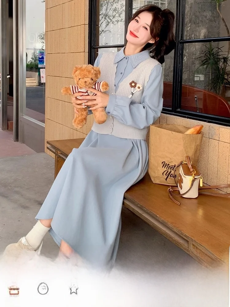 甘く可愛いピンクの長袖シャツドレスとニットカーディガン【春秋用・華やかデザイン・ロングドレス】（セットアップ対応）