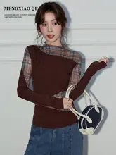 レトロチェック柄メッシュ切替長袖Tシャツ【春用・スリムフィット・魅力的なデザイン】