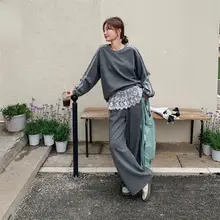 カジュアルスポーツグレー裏毛スウェットとレースフリルワイドパンツ【春秋向け・女性用】（セットアップ対応）