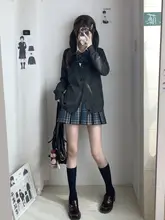 春秋用JKスタイルカーディガン【長袖・ブルー・ゆったりシルエット・チェック柄スカート付き】（セットアップ対応）