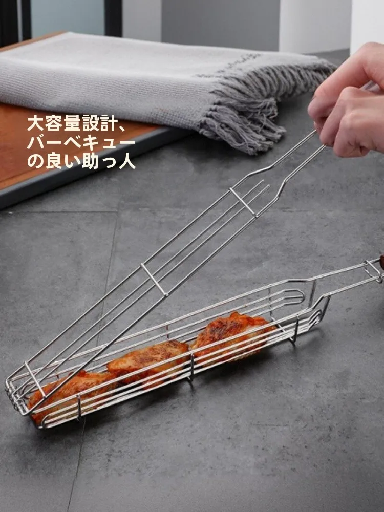 304ステンレス製木製ハンドルBBQグリルネット：キャンプ・焼肉用の軽量かつ耐久性のある調理ツール