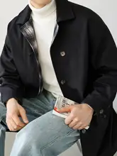 バルマケンストライプデザインの中長丈トレンチコート【加綿・シングルボタン・英国スタイル】