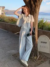 夏にぴったりのカジュアルなブルーのワークスタイル【シャツ・タンクトップ・ワイドパンツ】（セットアップ対応）