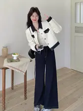 チックな女性用秋季新作デニムジャケットとワイドパンツのコーディネート（セットアップ対応）