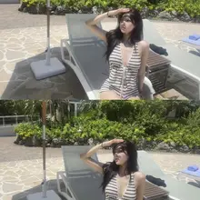 トレンドのニットストライプビキニ【Vネック・セクシー・ハーフパンツ・バストパッド付き】（セットアップ対応）