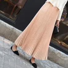 フレンチスタイル シンプルなロングプリーツスカート【大きいサイズ・ハイウエスト・ウエストゴム】