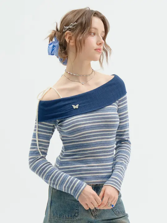 ziziFei デザイン ストライプオフショルダー長袖Tシャツ【深藍色・スリムフィット・春秋用】