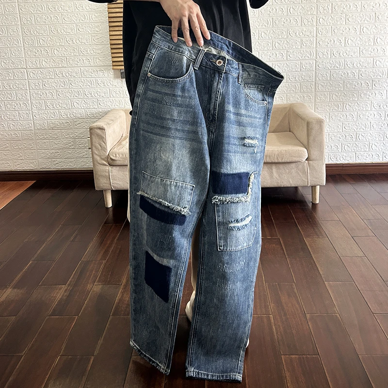 パッチワークデザインのダメージデニムパンツ【カジュアルスタイル・ルーズフィット・メンズ】（セットアップ対応）