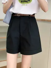 カキ色のハイウエストショートパンツ【春用・フィット・フレアデザイン・折り返し】