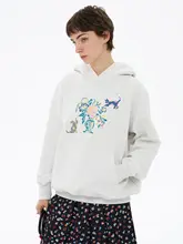 猫と花瓶の刺繍入りフード付きプルオーバー【厚手・ゆったり・快適】