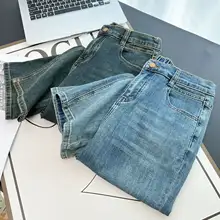 大きいサイズのハイウエストストレートジーンズ【ファッショナブル・レトロ・九分丈・極上の柔らかさ】（セットアップ対応）