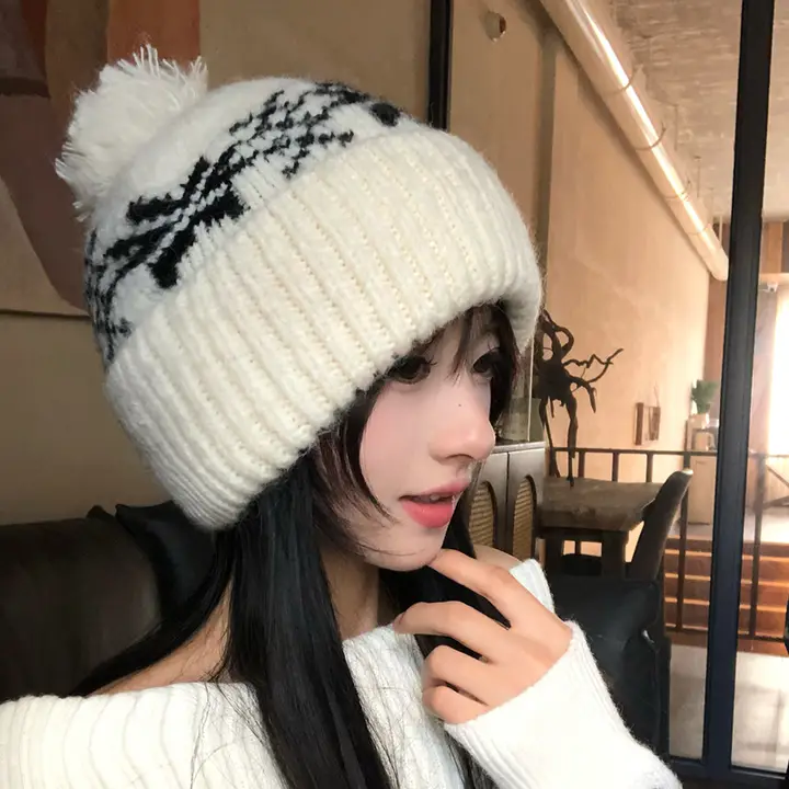 レトロフェアアイル柄ポンポンニットキャップ【冬用・厚手・保温】
