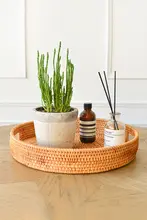 ハンドメイド ベトナム製 ラタン製フルーツトレイ【円形・持ち手付き】