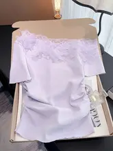 レース切替ワンショルダーアイスシルクニットトップス【夏用・ウエストシェイプ・ショート丈】（セットアップ対応）