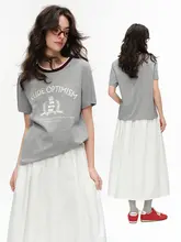デザイン性のあるバイカラーリブクルーネックTシャツ【夏用・レディース・カジュアル】（セットアップ対応）