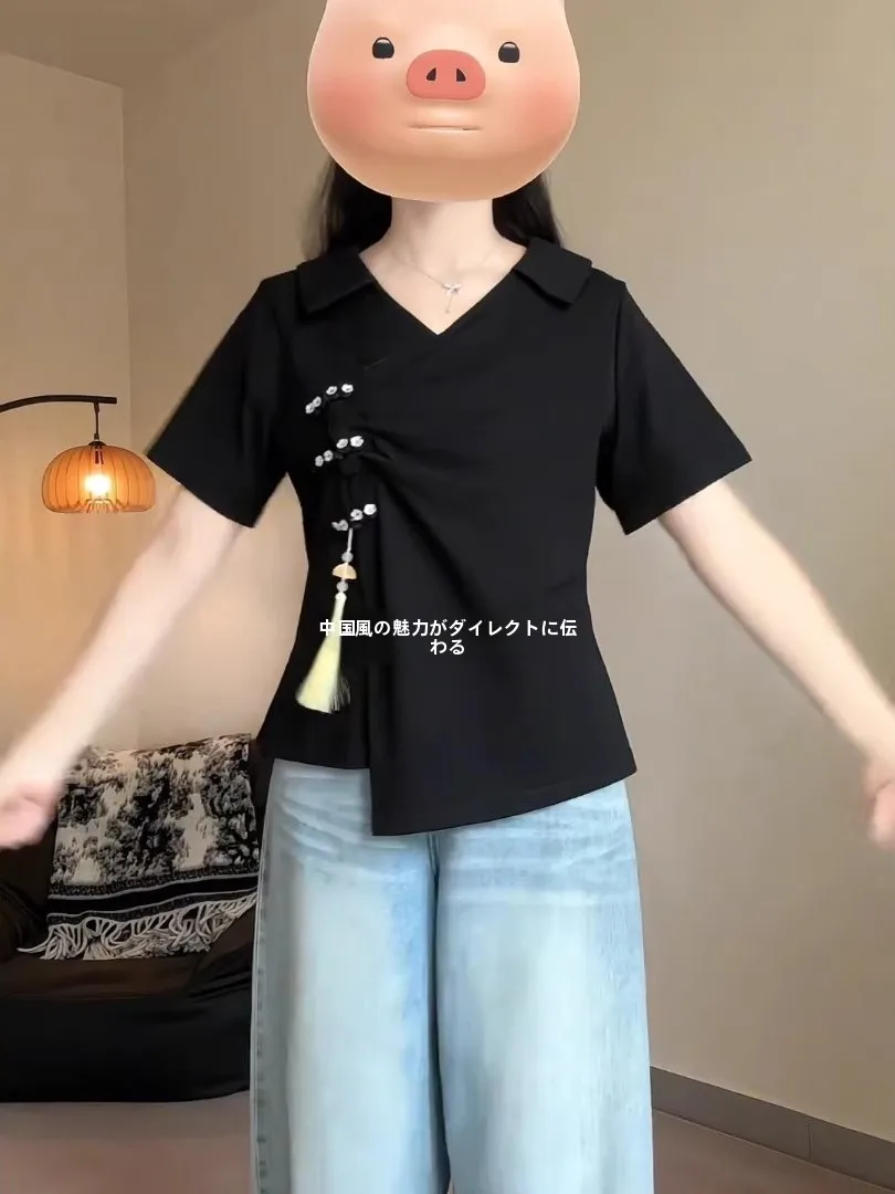 つけ襟 黒：新中式デザインの黒色コットンTシャツの実用性とファッションマッチング