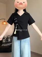 黒色 新中式デザインの盤扣付き 正肩仕様 コットン短袖Tシャツ【大きいサイズ・夏用・国風】
