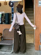 春用 レディース ピンク Vネックリボン付き長袖Tシャツ【デザイン性・オフショルダー】